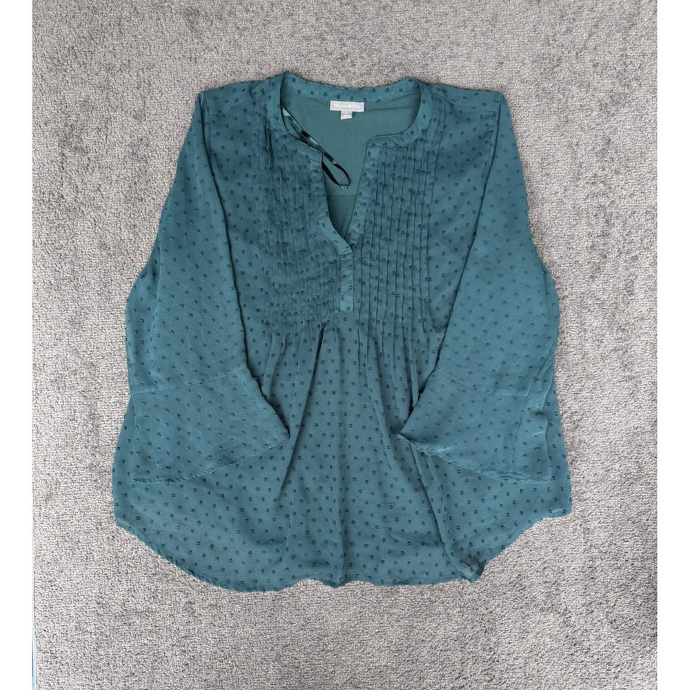 Style&Co Womens XL Dark Teal Swiss Dot Pintuck 3/4 Bell Sleeve Blouse Top